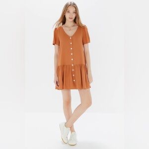 URBAN OUTFITTERS Button Down Short Sleeve Linen Blend Tiered Ruffled Mini Dress